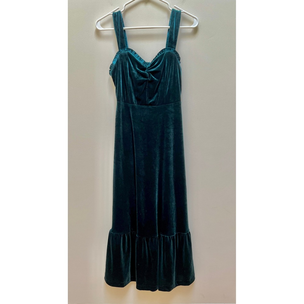 Betsey Johnson Dress Womens XS Teal Green Velvet Midi Ruffle Smocked Sweetheart